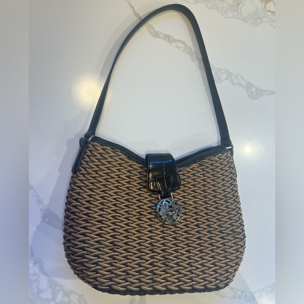 Brighton Straw Woven Shoulder Bag Tan and Brown Leather in great condition. EUC